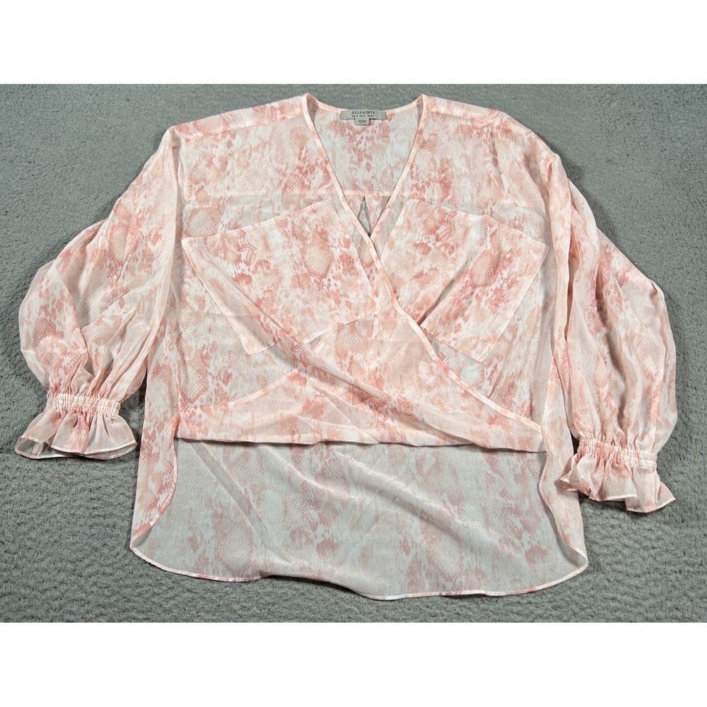 All Saints Penny Masala Top Women 00 Pink Floral Snake Print Wrap Surplice Sheer